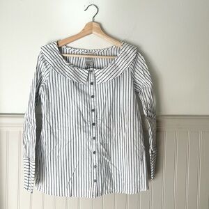 CAD White & Grey Striped Button-Up Blouse XS Oversized Collar Long Sleeve